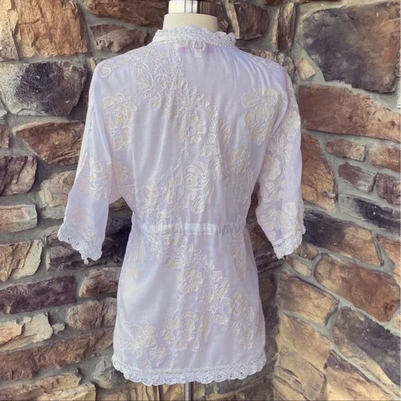 Betsey Johnson White Lace Floral Sheer Kimono Cover Up Tie Front Size S/M - Picture 2 of 11